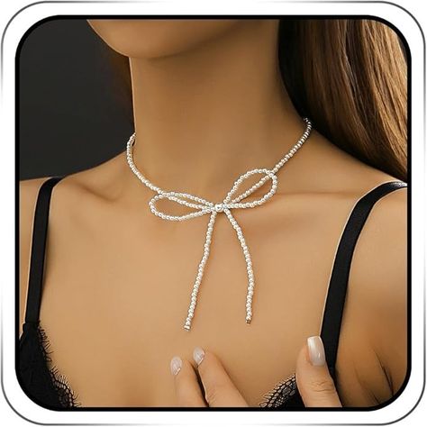 Amazon.com: JEAIRTS Pearl Bow-Knot Choker Necklace Beaded Bow Tie Short Necklaces Chain Jewelry for Women (1-White): Clothing, Shoes & Jewelry Bow Necklace Diy, Beaded Bow Tie, Short Necklaces, Beaded Bow, Necklaces Chain, Pearl Bow, White Clothing, Bow Necklace, Bow Knot