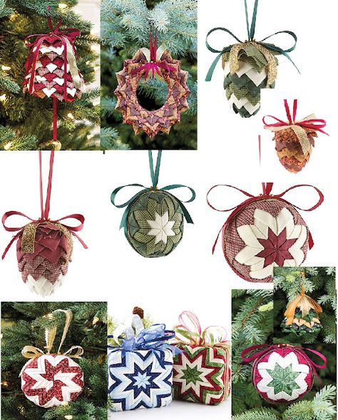 No Sew Ornaments, Diy Quilted Christmas Ornaments, Sew Ornaments, Sewn Christmas Ornaments, Sew Christmas, Ornaments To Make, Folded Fabric Ornaments, Homemade Ornaments, Quilted Ornaments