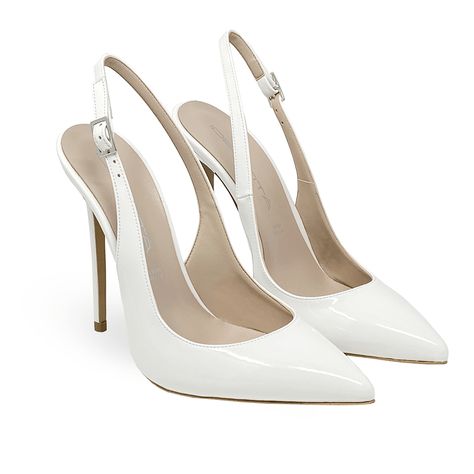 Pointed toe slingback décolleté in patent leather with 100mm or 120mm stiletto heel    Upper: Patent leather   Interior: Genuine leather   Closure: silver buckle   Fit: Regular   Non-slip sole    Handcrafted women's footwear 100% Made in Italy White Stiletto Heels, White Stilettos, Fancy Heels, Shoes Heels Classy, White High Heels, Shoe Wishlist, Heels Classy, Fashion Slippers, Pointed Heels