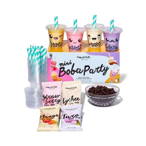 Host your very own bubble tea tasting party in just a matter of minutes. Our new boba tea kit has all the essentials you need to craft your favorite, deliciously chewy and sweet drink. With 4 colorful boba flavors: Strawberry, Lychee, Taro and Mango, this kit makes a total of 16 servings. With 16 packets of boba pearls, and 16 mini tasting cups (7 oz each) with straws and lids, this bubble tea kit is a quick and easy way to try all four flavors with friends, or throw your own boba tea party without ever leaving your home or standing in line. Tea Tasting Party, Boba Party, Boba Flavors, Lychee Tea, Snack Gift Baskets, Boba Pearls, Bubble Tea Boba, Berry Tea, Kawaii Cooking