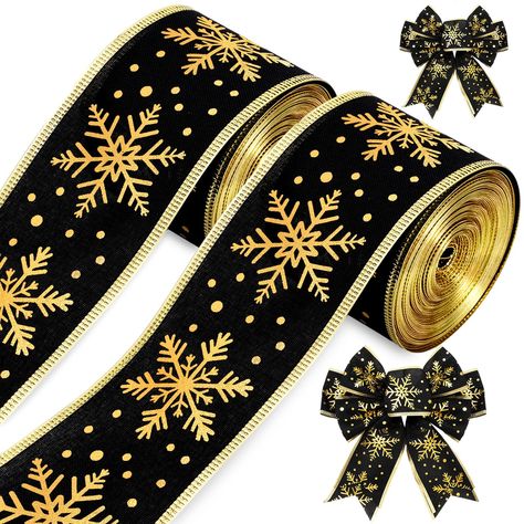 PRICES MAY VARY. Delicate Design - Our ribbons are designed in Christmas theme, printed with gold snowflake, taking black as the background color, attractive and delicate, which can meet your needs for crafts and decoration. Good Material - Made of durable burlap and iron wires, not easy to wear and tear, which can be kept for a long time, and the wired edge design make it easy for you to roll up and shape, perfect for your DIY crafts. Proper Size - Each roll of the ribbon is about 6.4 cm/2.5 in Gold Snowflake, Xmas Wreaths, Bow Making, Winter Fabric, Delicate Design, Wreath Bow, Fabric Craft, Christmas Ribbon, Sewing Trim