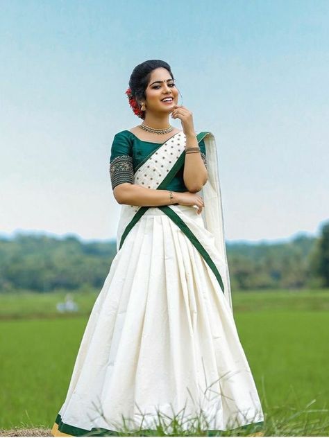 Half Saree Traditional Kerala, Kerala Traditional Half Saree Designs, Dhawani Designs Kerala Onam, Set Half Saree Kerala, Dhawani Set, Kerala Davani Set, Kerala Dhavani Set, Dhavani Set New Model, Dhawani Designs Kerala