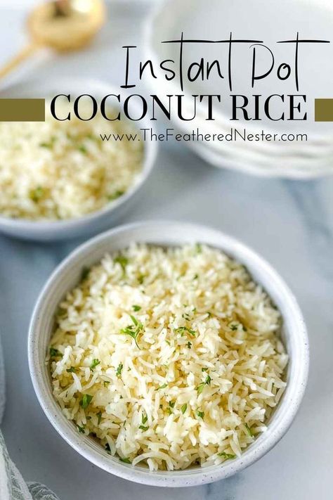 Two bowls of coconut rice. Instant Pot Coconut Rice, Coconut Basmati Rice, Rice In The Instant Pot, Coconut Jasmine Rice, Coconut Lime Rice, Jasmine Rice Recipes, Burger Side Dishes, Coconut Rice Recipe, Fluffy Rice