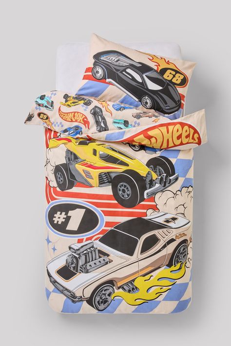 Buy Multi Hot Wheels Reversible Polycotton Duvet Cover and Pillowcase Set from the Next UK online shop Kids Bed Set, Hot Wheel Bedrooms Ideas, Hot Wheels Nursery, Hot Wheels Bedroom Ideas, Hot Wheels Bedroom, Boy Fort, Boys Bedroom Sets, Toddler Bedroom Decor, Hot Wheels Room