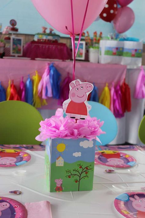 Fun centerpiece at a Peppa Pig birthday party! See more party ideas at CatchMyParty.com! Pig Centerpiece Ideas, Peppa Pig Centerpiece Ideas, Peppa Pig Centerpiece, Pig Birthday Theme, Peppa Pig Birthday Party Ideas, Peppa Pig Birthday Decorations, Bolo Da Peppa Pig, Pig Birthday Party Ideas, Peppa Birthday