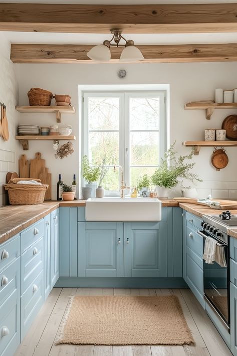 Kitchen Lilac, Blue Cottage Kitchen, Pastel Blue Kitchen, Powder Blue Kitchen, Vintage Blue Kitchen, Thrifting Decor, Blue Country Kitchen, Light Blue Kitchen, Cottage Core Kitchen