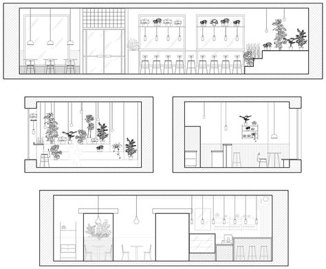 Baranova Pokorsky creates plant-filled cafe in St Petersburg Cafe Section Drawing, Interior Shop Drawing, Cafe Elevation Design, Coffee Shop Elevation, Section Drawing Interior, Shop Drawing Interior, Cafe Architecture Design, Section Interior Design, Shop Ideas Design