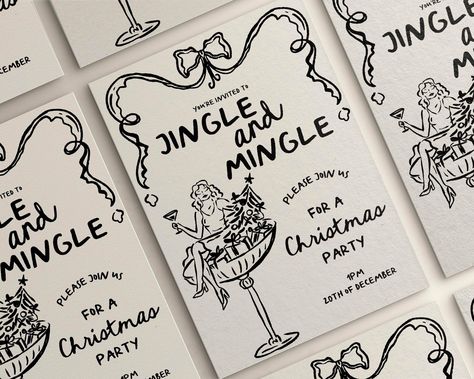 Introducing our Whimsical Hand-Drawn Style Christmas Jingle and Mingle Holiday Party Invitation Editable Template - the perfect way to set the tone for a joyous and intimate celebration. This charming template features delightful, hand-drawn illustrations that exude a playful elegance, ensuring your guests feel the love and excitement from the moment they receive their invitation. The fully editable color palette adds a touch of romance, while the funky whimsical design elements create an inviti Invitation Card Design Christmas, Christmas Dinner Party Invitations, Holiday Party Invites, Christmas Invitations Ideas, Christmas Dinner Invitations, Holiday Card Illustration, Vintage Christmas Invitation, Christmas Party Invites, Christmas Engagement Party