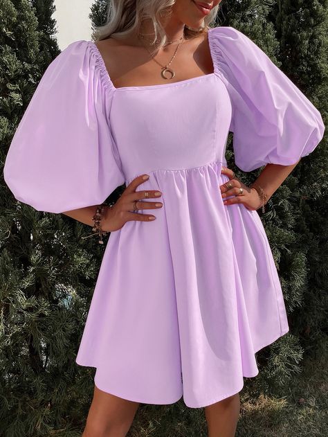 Simple Purple Dress, Pastel Purple Dress, Vestido Color Lila, Purple Dress Short, Purple Dress Outfits, Purple Dress Casual, Vestidos Para Baby Shower, Light Purple Dress, Puff Sleeves Dress