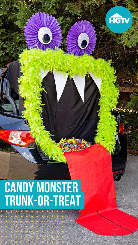 This quick and easy trunk-or-treat idea is great for first-time DIYers or last-minute shoppers. Halloween Car Decorations, Trunker Treat Ideas, Candy Monster, Trunk Or Treat Ideas, Senior Project, Ideas For Halloween, Halloween Decorating, Treat Ideas, Car Inspiration