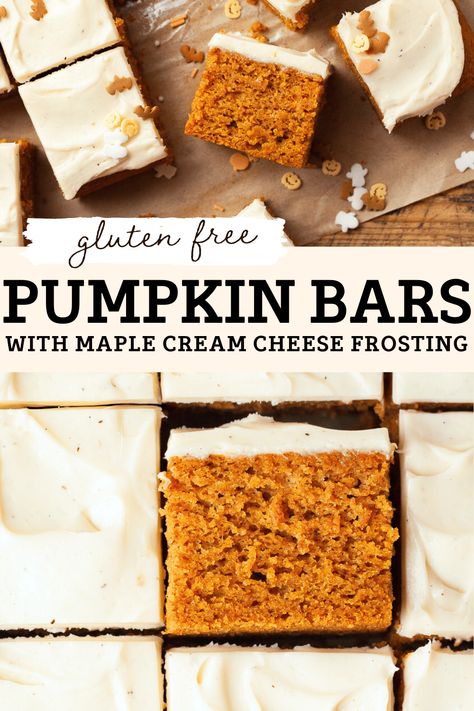 Indulge in the ultimate fall treat with these soft and tender pumpkin bars! Easy to make, they’re packed with warm spices and rich pumpkin flavor, making them perfect for gatherings or a sweet snack. Topped with cream cheese frosting, they become even more irresistible! Enjoy them fresh or let them sit overnight - the flavors only get better the second day. Pin this recipe for delicious gluten free pumpkin bars that everyone will love! Gluten Free Pumpkin Bars With Cream Cheese Frosting, Gluten Free Pumpkin Cream Cheese Bread, Easy Gluten Free Fall Desserts, Gf Pumpkin Bars, Pumpkin Bars Gluten Free, Gluten Free Fall Desserts, Pumpkin Pie Bars Easy, Gluten Free Pumpkin Pie Bars, Fall Desserts Gluten Free