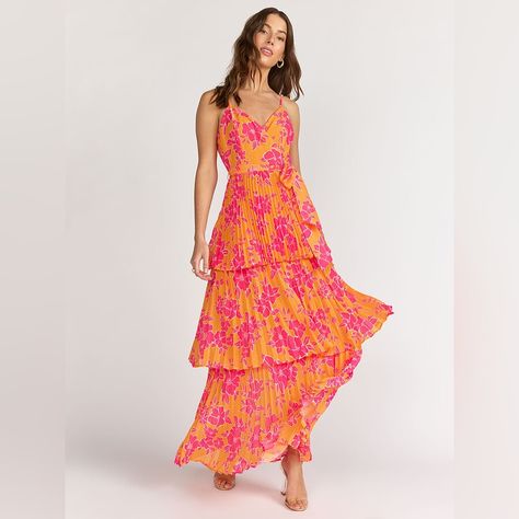 A Floral Maxi Dress With A Wrap Neckline, A Front Snap Closure, Adjustable Straps, And Pleated Tiers. Dress Is Partially Lined. Flying Tomato By Pinkblush New Without Tags Small Inventory #P6876 Medium Inventory #P6879 Large Inventory #P9513 Pleated Tiered Dress, Orange Bridesmaid Dresses, Floral Bridesmaid Dresses, Pink Floral Maxi Dress, Orange Floral Dress, Orange Maxi Dress, Pink Summer Dress, Guest Attire, Bridesmaid Dress Colors