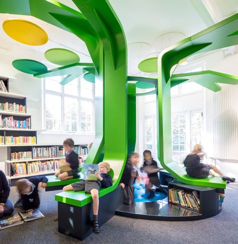 From a story garden in Cornwall to hexagonal towers in Los Angeles, we look at inventive spaces designed to get children excited about books Public Library Design, School Library Decor, Bookstore Design, School Library Design, Kindergarten Interior, School Libraries, Interactive Classroom, Kindergarten Design, Childrens Library