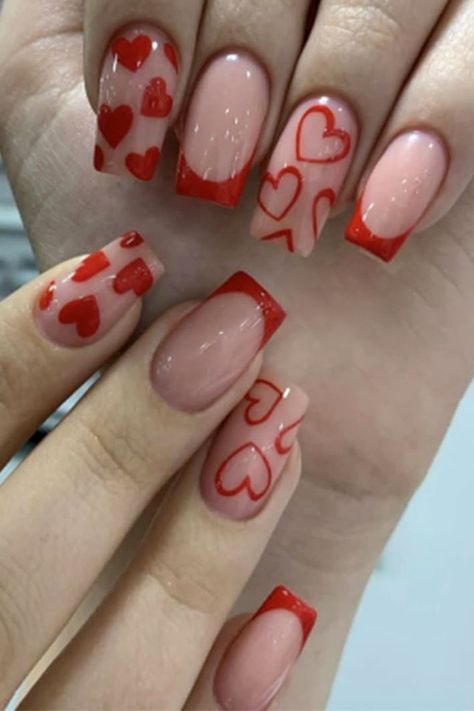 Valentine's Day Nails Short Square, Valentines Nail Inspo Red, Short Square Nail Designs Valentines, Short Square Valentines Nails Red, Birthday Valentines Nails, Valentines Day Nails Square Medium, Valentine’s Outfit Women, French Valentines Day Nails, Spring Nail Art 2024