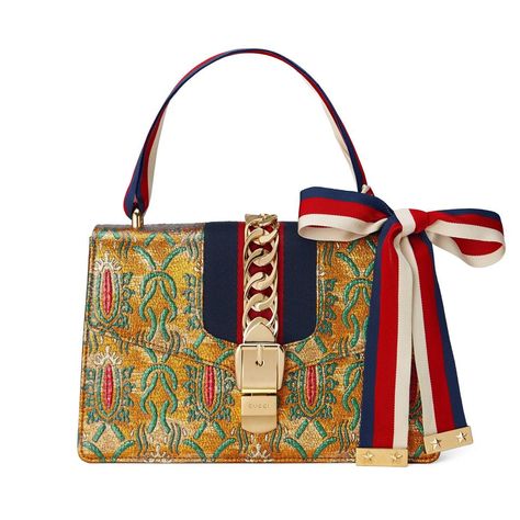 Gucci Sylvie, Tas Bahu, Gucci Mini, Gucci Crossbody Bag, Gucci Purse, White Shoulder Bag, Gucci Crossbody, Gold Brocade, White Handbag