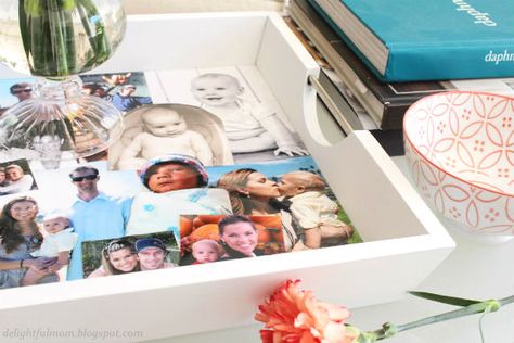 How To Make A Classy Photo Collage Tray | Delightful Mom Food Diy Photo Collage, Photo Tray, Photo Collage Diy, Decoupage Tray, Collage Diy, Diy Xmas Gifts, Tray Diy, Recipe For Mom, Picture Collage