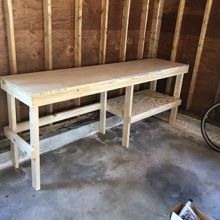 Garage Table Diy, Work Bench Top Ideas, Diy Shed Workbench, Small Garage Work Bench, Shed Bench Workbenches, Workbench Legs Ideas, Garage Workbench With Storage, Diy Workbench Ideas, Free Workbench Plans