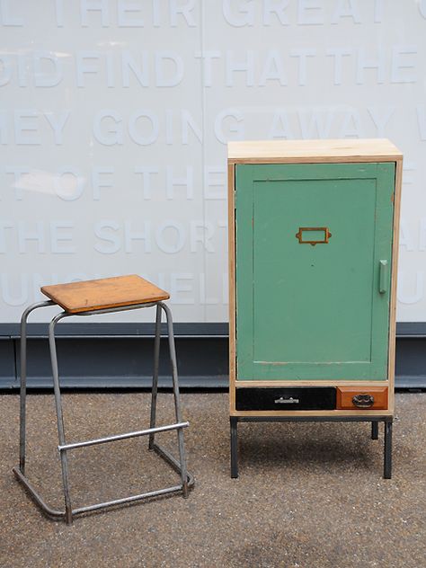 Practical size piece. Nice details to the reclaimed drawers.  created by: Rupert Blanchard  origin: UK Sensory Space, 60s Home, Metal Fab, Vintage Drawers, Repurposed Items, Furniture Hacks, Furniture Designs, Repurposed Furniture, Upcycled Furniture