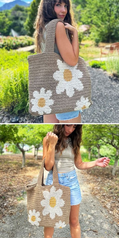 Woman showcasing a handmade tote bag with daisy flower design outdoors. Crochet Boho Bag Pattern, Daisy Flower Design, Crochet Tote Pattern, Crochet Boho Bag, Handmade Tote Bag, Free Crochet Bag, Confection Au Crochet, Womens Crochet Patterns, Crochet Bag Pattern Free