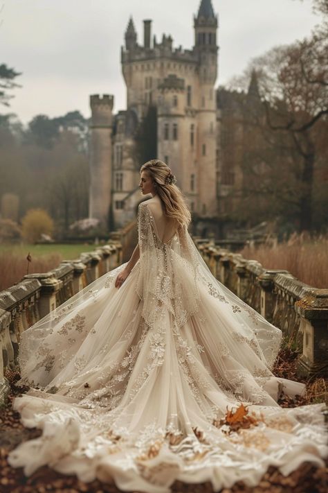 10 Fairytale Wedding Dress Inspirations To Fuel Your Dreams! Fairy Tell Wedding Dress, Once Upon A Time Wedding Dress, Megara Wedding Dress, Wedding Fairytale Dress, Lily James Cinderella Wedding Dress, Wedding Dress Castle, Wedding Dresses Castle, Enchanted Wedding Dresses, Fairytale Wedding Dress Princesses Gowns