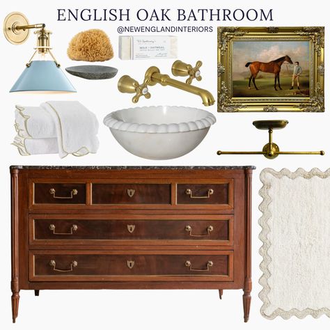 New England Interiors – English Oak Bathroom – Bath Mat, Equestrian Wall Art, Bath Essentials, Lighting, Sink, Commode, Towels. New England Bathroom, New England Interiors, Historic Aesthetic, Colonial New England, New England Interior, New England Living, Tranquil Bedroom, Farmhouse Cabinets, Oak Bathroom