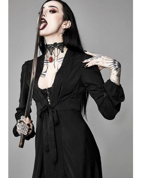 Sinister Savior Satin Robe #dollskill #widow #gothic #traditional #satin #robe #black Black Satanic Dress, Gothic Robe Women, Killstar Purse, Gothic Fashion Women, Lace Halter Top, Killstar Dress, Fishnet Dress, Occult Fashion, Embroidered Kimono