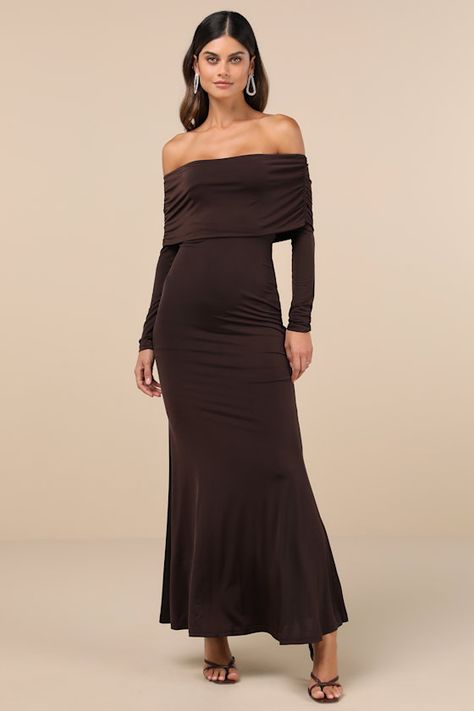 A night of adoration comes easy when you slip on the Lulus Effortlessly Stunning Dark Brown Off-the-Shoulder Maxi Dress! Slinky and stretchy jersey knit shapes an elasticized, off-the-shoulder neckline and a foldover bodice that boasts ruching at the shoulders as it overlays long fitted sleeves. High, fitted waist sits atop a figure-flaunting mermaid skirt that falls to an elegant maxi hem. Fit: This garment fits true to size. Length: Floor length. Size medium measures 53" from top to bottom. Bu Fall Formal Dresses, Dark Brown Dress, Burgundy Casual Dress, Fitted Prom Dresses, Floor Length Maxi Dress, Fall Wedding Guest Dress, Mermaid Skirt, Maxi Dress Evening, Burgundy Dress