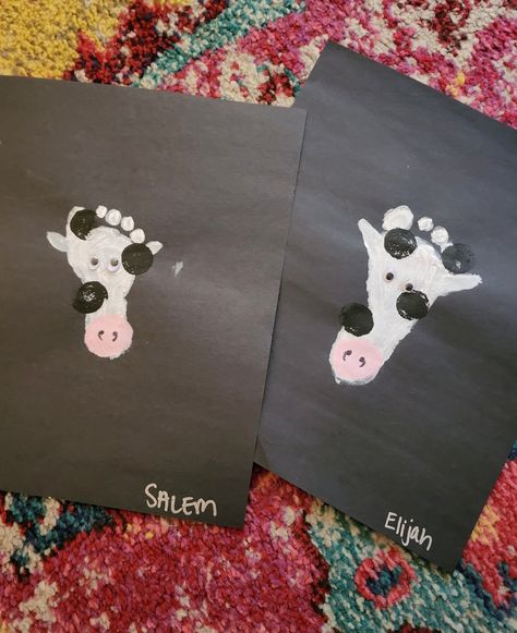 Farm Theme Footprint Art, Fun Crafts For Infants, Cow Art Project Preschool, Spring Ideas For Infants, Cow Handprint Art, Cow Infant Art, Farm Footprint Crafts, Down On The Farm Crafts For Infants, Cow Art For Preschool