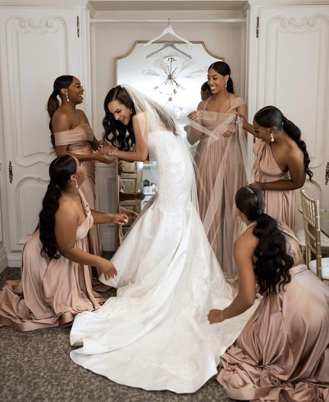 Bridesmaid Photos Black Women, Black Maid Of Honor Hairstyles, Bride With 5 Bridesmaids, Blush Bridesmaid Dresses Black Women, Black Women Bridal Party, Bridesmaids Dresses Black Women, Bridesmaid Hairstyles Beach Wedding, Bridemaids Hairstyles Black, Neutral Wedding Party Color Schemes