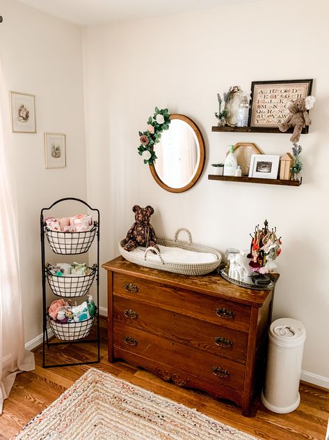 Mirror And Shelves Nursery, Old House Nursery, Mirror And Shelves Above Changing Table, Nursery Antique Dresser, Country Vintage Nursery, Changing Pads On Dresser, Old Timey Nursery, Nursery Ideas Antique, Mix And Match Nursery Furniture