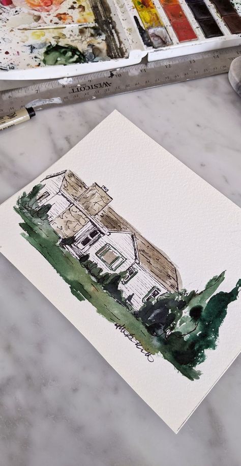 Watercolor House Painting Tutorial, Workshop House, Watercolor Houses, Art Supplies List, Watercolour And Pen, Tutorial Painting, Home Decor Gift Ideas, Watercolor House Painting, Minimal Background