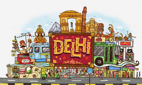 Delhi City Illustrtion on Behance Delhi Tourism, Delhi City, Indian Illustration, Drawing Competition, City Icon, City Drawing, Poster Drawing, City Illustration, Indian Art Paintings