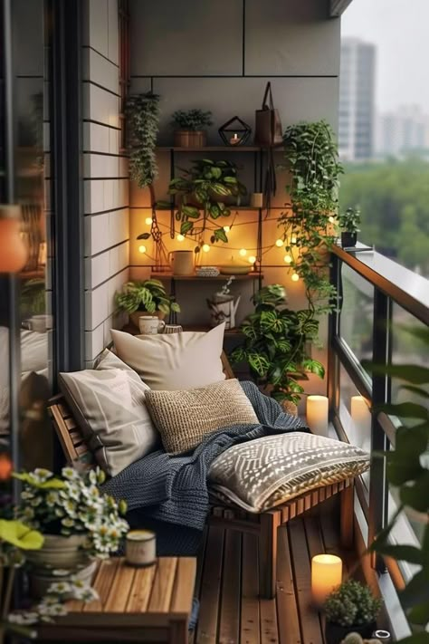 Small Balcony Garden Ideas for City Apartments - Dwello Scandi Balcony, Small Balcony Garden Ideas, Cozy Deck, Balcony Decorating Ideas, Simple Decor Ideas, Balcony Decor Ideas, Beautiful Balcony, Space Optimization, Balcony Garden Ideas