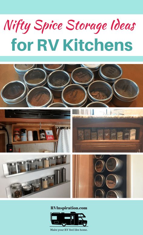 Spice storage ideas to help you organize your #RV kitchen: magnetic, adhesive, racks, caddies, and more! #rvlife #camper #motorhome #traveltrailer Camping Spices Storage, Camper Spice Rack Ideas, Rv Spice Rack Ideas, Rv Newbies, Spice Storage Ideas, Rv Organizing, Rv Storage Ideas, Art Supply Box, Rv Cooking