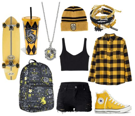 Hufflepuff Style Outfit, Hufflepuff Womens Outfit, Huffle Puff Outfits, Hufflepuff Summer Outfit, Punk Hufflepuff, Cute Hufflepuff Outfits, Hufflepuff Outfit Uniform, Hufflepuff Outfit Aesthetic, Hufflepuff Wardrobe