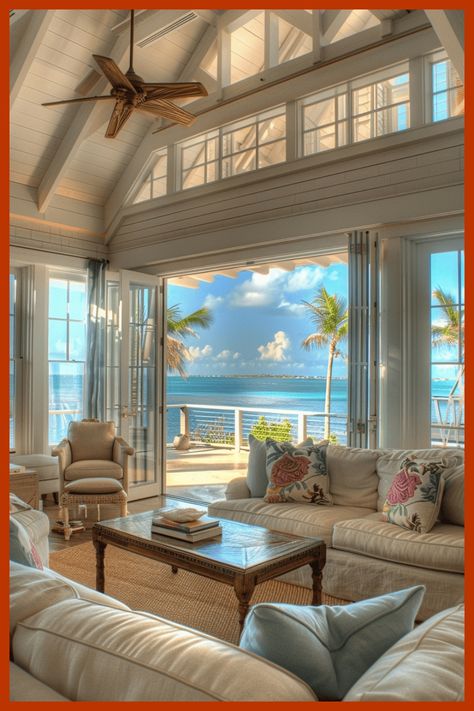 Channel the laid-back vibes of the beach in your living room with these beach house designs. Home In Florida, House By The Beach Aesthetic, Beach House Furniture Ideas, Summer House Aesthetic, Modern Coastal Living Room, Summer Beach House, Beach House Living Room, Modern Coastal Decor, Beach House Interior Design