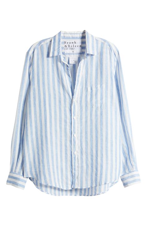 This breezy button-up shirt has a relaxed fit that makes it easy to tuck, tie or toss over other pieces. Front button closure Spread collar Long sleeves with button cuffs Chest patch pocket 100% linen or 100% cotton Machine wash, line dry or tumble dry Made in Italy Linen Button Up, Blue Button Down, Button Up Shirt Outfit, Striped Clothing, Linen Button Down Shirt, Blue Button Down Shirt, Button Ups, Blue Button Up Shirt, Blue And White Shirt