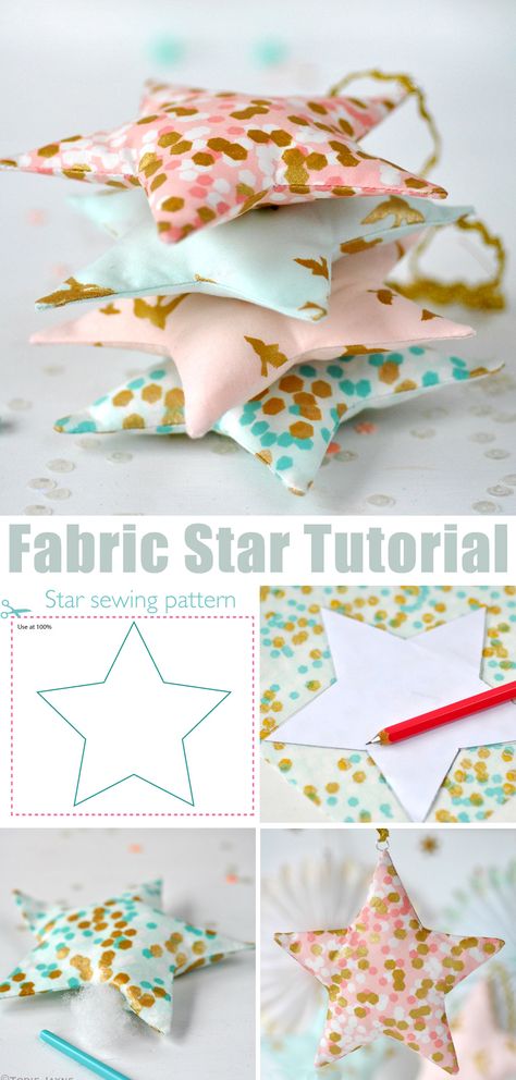 Fabric Star Free Pattern, Sewing Ornaments Diy, Simple Christmas Fabric Crafts, Diy Cloth Ornaments, Fabric Stars Pattern, Christmas Fabric Sewing Ideas, Christmas Sewing Ideas Easy, Christmas Quilt Sewing Patterns, No Sew Fabric Star Ornament