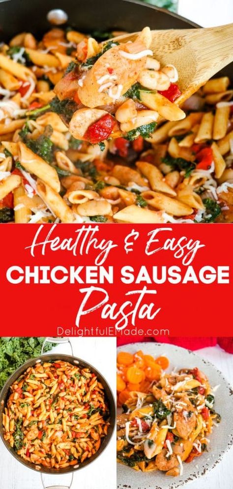 Healthy & Easy Chicken Sausage Pasta | Looking for quick and healthy chicken sausage pasta recipes? This 20 Minute Sausage and Kale Pasta with white beans and roasted red peppers and chickpea pasta is healthy, easy, and completely delicious! This recipe is dairy-free (if you omit the optional cheese topping), egg-free, tree nut-free, and soy-free. This delicious pasta dish is sure to become a go-to healthy meal in your home || Delightful E Made Chicken Sausage Dishes, Chicken Sausage Chickpea Pasta, Low Calorie Chicken Sausage Recipes, Mediterranean Chicken Sausage Recipe, Garlic Chicken Sausage Recipes, Chicken Sausage Pasta Healthy, Chicken Sausage Recipes Healthy Low Carb, Ground Chicken Sausage Recipes Healthy, Healthy Chicken Sausage Recipes