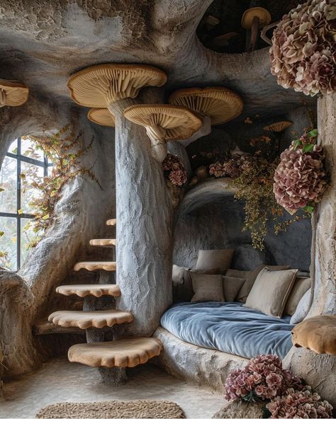 Cool House Stuff, Mushroom House Interior, Mushroom Architecture, Fairy House Interior, Fantasy Rooms, Cob House, Fantasy Homes, Cute Bedroom Decor, Fantasy House