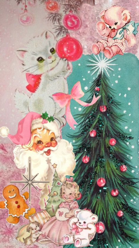 Holiday Vibes Christmas, Vintage Christmas Kitsch, Christmas Gala Aesthetic, I’m Dreaming Of A Pink Christmas, Christmas Kitty Wallpaper, Pink Vintage Christmas Wallpaper, Pink Retro Christmas Aesthetic, Vintage Christmas Background Wallpapers, Pink Holiday Wallpaper