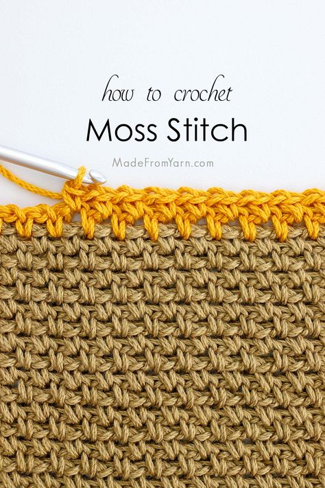 Learning the basic crochet stitches is just the beginning of the wonderful journey in crochet craft. Let's take it to the next level and learn how to crochet moss stitch! It is a popular and Miss Stitch Crochet, Moss Crochet Stitch, Crochet Stitches Texture, Linen Stitch Crochet, Moss Stitch Crochet, Crochet Moss Stitch, Crochet Moss, Moss Stitch Pattern, Crochet Chain Stitch