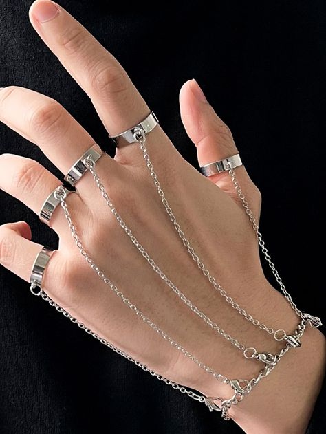 1pc Women's Fashionable Punk Finger Ring & Bracelet & Silver Chain Hand Harness Bracelet With Ring Connected | SHEIN USA Emo Jewelry, قلادات متدلية, Finger Bracelets, Hip Hop Chains, Gelang Manik-manik, Stile Hip Hop, Moda Emo, Edgy Jewelry, Gelang Manik