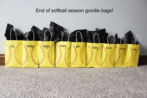 End of softball season treat bags! Softball Swag Bags, Softball Bags Diy Team Gifts, Softball End Of Season Party, Softball Gift Bag Ideas, Softball Swag Bag Ideas, Softball Goodie Bag Ideas Team Gifts, Softball Treats For Team, Softball Treat Bags, Softball Goodie Bag Ideas