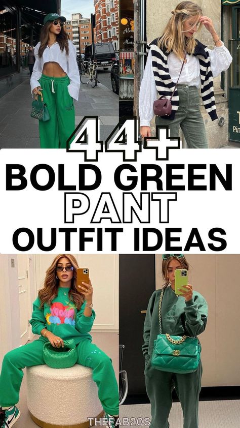 I looooove these green pant outfit ideas! These chic and trendy green pant outfits are SO god! I never know what to wear with green pants for work but thes give me a BOLD look. Green Gold Pants, Emerald Green Dress Pants Outfit, Green Jeans Outfit Ideas, Green Pants Outfit Christmas, Lime Green Pants Outfit Work, All Green Outfits For Women, Green Pants Outfit Black Women, Green Cargo Pants Outfit Fall, What To Wear With Green Pants