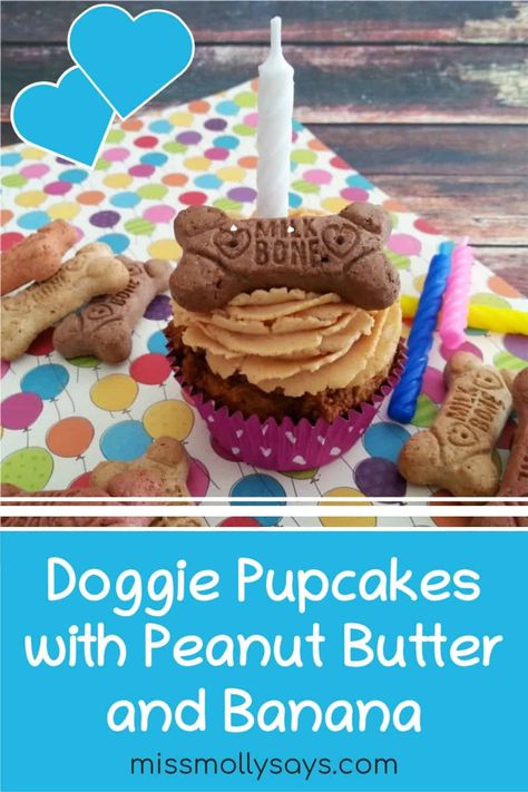 Doggie Pupcakes are made with peanut butter and banana and they even have a special doggie icing! Your pup will LOVE this yummy dog treat! Pet Recipes, Homemade Pet Treats, Dog Cake Recipes, Doggy Treats, Dog Cupcakes, Peanut Butter And Banana, Doggie Treats, Puppy Cake, Dog Treats Homemade Recipes