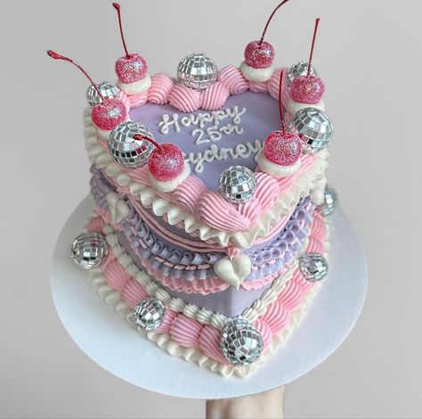 Small heart shaped vintage birthday cake with pink and purple frosting and disco ball decorations Lambeth Cake, Disco Cake, 25th Birthday Cakes, Vintage Birthday Cakes, Pastel Cakes, Heart Cakes, Heart Shaped Cakes, Cartoon Cake, Cowgirl Birthday