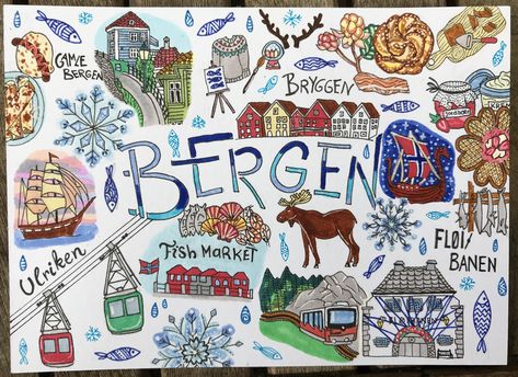 Norway Drawing, German Illustration, City Drawings, Norway Poster, Norway Aesthetic, Norway Bergen, Toddler Organization, Geography Activities, Travel Art Journal