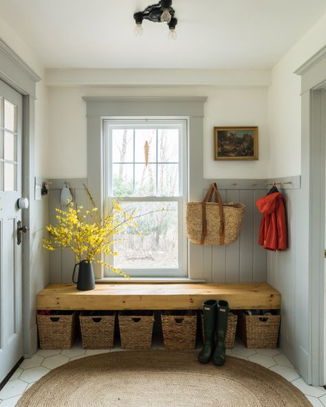 Shaker Pegs Mudroom, Beadboard Mudroom Bench, Farrow And Ball Pigeon Mudroom, Shaker Style Mudroom, Mudroom With Beadboard, Small Mudroom With Window, Entryway Peg Rail, Panelled Porch, Mudroom Peg Rail