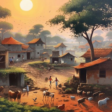 Natural_Village_scene Nature, Art Village Painting, Village Painting Indian Landscape, Villages Drawing, Indian Village Illustration, Village Scene Drawing Paintings, Indian Village Art Paintings, Village Painting Indian, Village Landscape Photography Nature